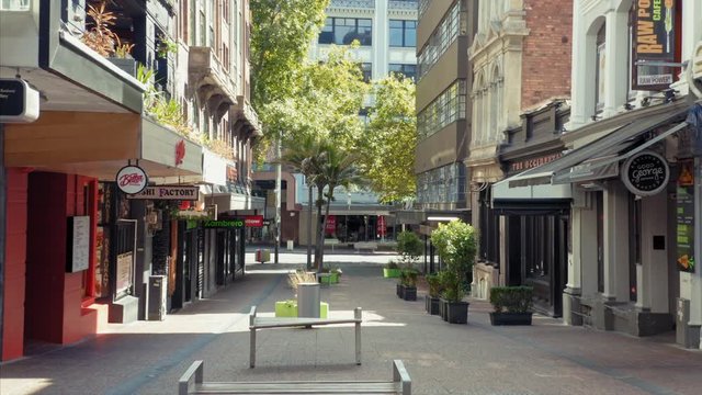 Aerial: Vulcan Lane in downtown Auckland empty during the Covid-19 lockdown. Auckland, New Zealand. 31 March 2020. 