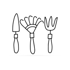 Doodle garden tools set icon isolated on white. Kids hand drawing line art. Outline gardening. Sketch vector stock illustration
