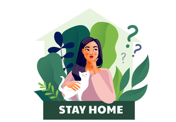 Stay home. Lockdown. Covid-2019 quarantine. Thinking girl. Beautiful face, doubts, female problems, thoughts, emotions. Curious woman questioning, question mark. Vector illustration