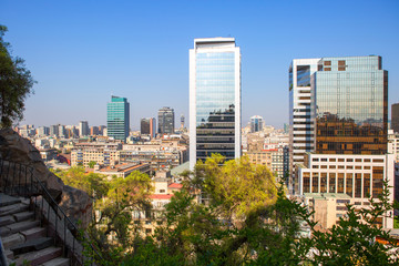 Santiago, Chile, Panorama of the city with Santa Lucia Hill.