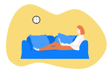 Woman working with laptop on couch at home. vector illustration.