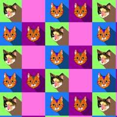 Print with cat faces on colored squares. Cats for printing on fabric.