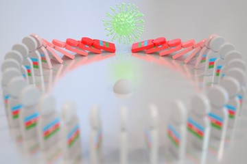 Virus topples dominoes with flag of Azerbaijan. Coronavirus spread related conceptual 3D rendering