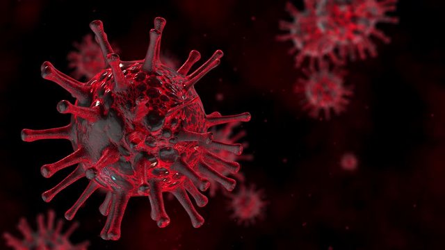 Coronavirus 2019-nCov. Infected virus in the blood. Microscope virus close up. 3d rendering. Concept SARS-CoV-2. World pandemic, the spread of the virus. COVID-19. Outbreak of Asian flu, pneumonia.