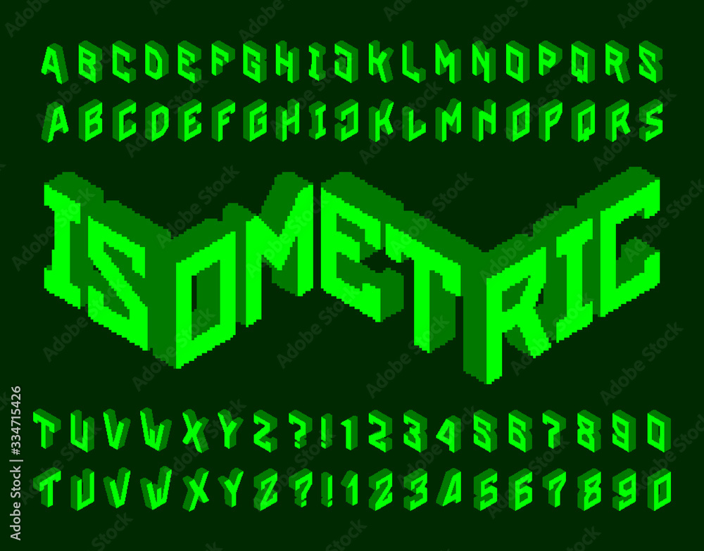 Fototapete pixel isometric alphabet font. digital 3d effect letters and numbers. 80s arcade video game typescri
