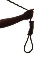 Rope knot silhouette in male hand string strength connection, concept suicide thoughts, emotional...