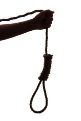 Rope knot silhouette in male hand string strength connection, concept suicide thoughts, financial...