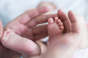 Baby feet in father's hands