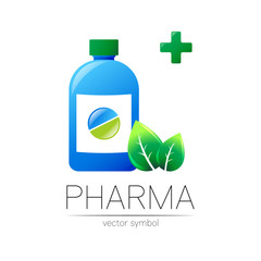 Pharmacy vector symbol with blue bottle and green pill tablet, leaf, cross for pharmacist, pharma store, doctor and medicine. Modern design vector logo on white background. Pharmaceutical icon .Health