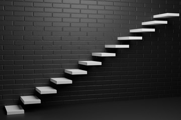 White ascending stairs in black room with brick wall, abstract 3D illustration.