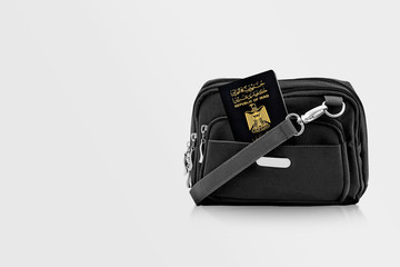 Iraq Passport in Black Travel Bag Pocket with Copy Space on Isolated Background