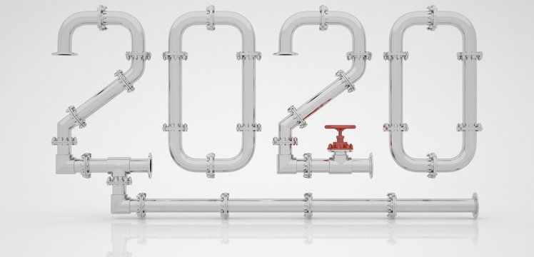 New Year 2020 from chrome pipes and red taps on a white background. 3D render.