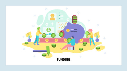 Money investment, savings, finance. Conveyor with dollar coins moving to piggy box. Business funding. Vector web site design template. Landing page website illustration.