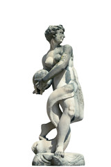 Goddess of earth Gaia (Greec mythologie). Antique statue of stone statue of Gaia holding planet Earth in her hands as symbol of protecting and care of planet Earth.