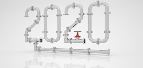 New Year 2020 from chrome pipes and red taps on a white background. 3D render.