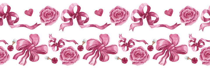 Hand-drawn seamless watercolor ribbon. Borders with ribbons, bows, hearts, roses and precious pendants. A set of patterns for decorative adhesive tape, textiles, scrap-booking, design and etc. 