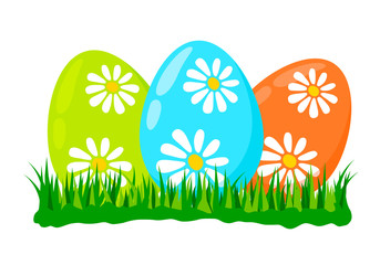 Three painted egg lying in spring grass green . blue and orange decorated with daisy flowers, Easter decoration symbol design element, flat vector illustration isolated on white background