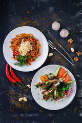 lamb ribs and pasta food concept of healthy traditional food