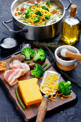cream soup with broccoli, green bean, fried bacon