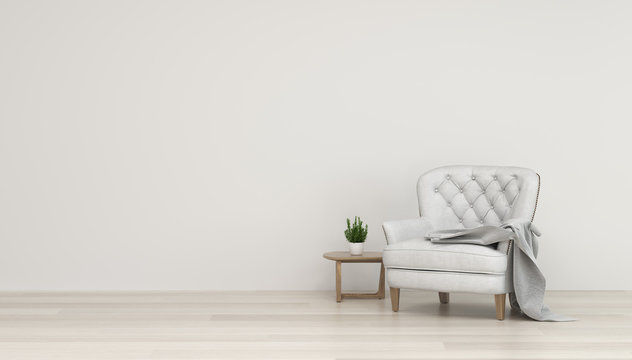 Simple living room white  armchair home interior, clean modern home design background, 3d rendering, Scandinavian design style.