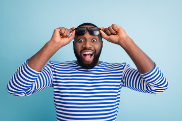 Photo of attractive dark skin guy traveler open mouth see read watch sales season opening advert...