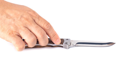 hunting knife in a hand isolated on white background