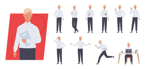 Business man character set. Different poses and emotions. Vector illustration in a flat style