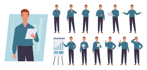 Business man character set. Different poses and emotions. Vector illustration in a flat style