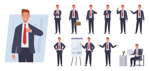 Business man character set. Different poses and emotions. Vector illustration in a flat style