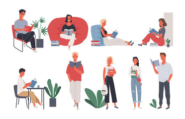 Fototapeta premium Collection of people reading or students studying. Group of women and man reading book standing and sitting on chair. Vector illustration in a flat style