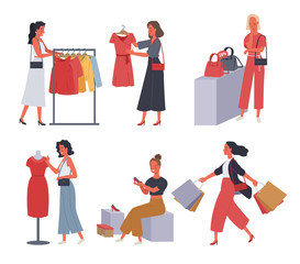 Collection of women shopping. Women choose to buy clothes, handbags and high heels in the store. Vector illustration in a flat style