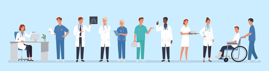 Doctors team. Medical staff doctor and nurse, group of medics. Hospital communication. Vector illustration in a flat style