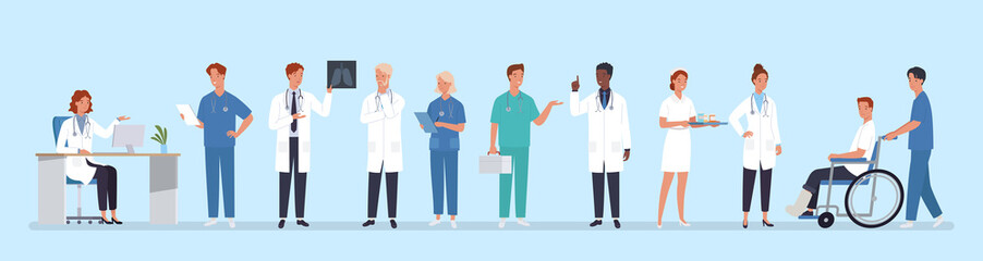 Doctors team. Medical staff doctor and nurse, group of medics. Hospital communication. Vector illustration in a flat style