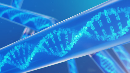 DNA molecule, its structure. Concept human genome. DNA molecule with modified genes. Conceptual illustration of a dna molecule inside a glass test tube with liquid. Medical equipment, 3D illustration