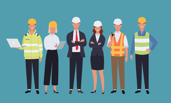 Engineer and mechanics and technician people worker teamwork. Vector illustration in a flat style