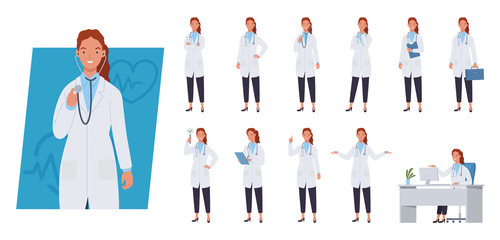 Female doctor character set. Different poses and emotions. Vector illustration in a flat style