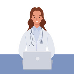 Female doctor in white medical coats working with her laptop computer. Vector illustration in a flat style