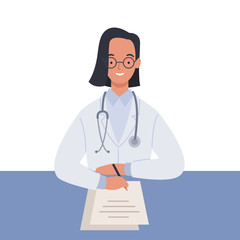 Female doctor in white medical coats writing a medical report. Vector illustration in a flat style