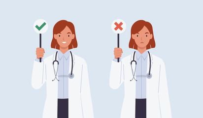 Female doctor with a right and wrong sign. Vector illustration in a flat style