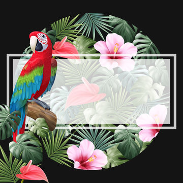 Anthurium, hibiscus and tropical leaves in circle composition. A parrot on a branch border.  Vector illustration. Perfect for invitation cards, greeting cards, background, publications, etc.
