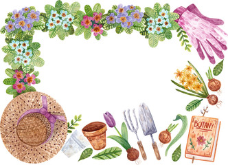 Hand-drawn watercolor frame with flowers and garden tools. Spring flowers, leaves, tulips, hyacinths, primula. Shovel, rake, straw hat, gloves, botany book, flower pots. Various primroses. 