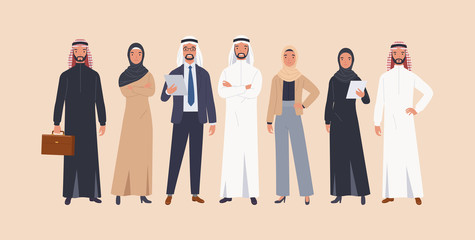 group of arab man and woman business people standing together in traditional islamic clothes . Arabic characters businessmen and businesswomen. Vector illustration in a flat style
