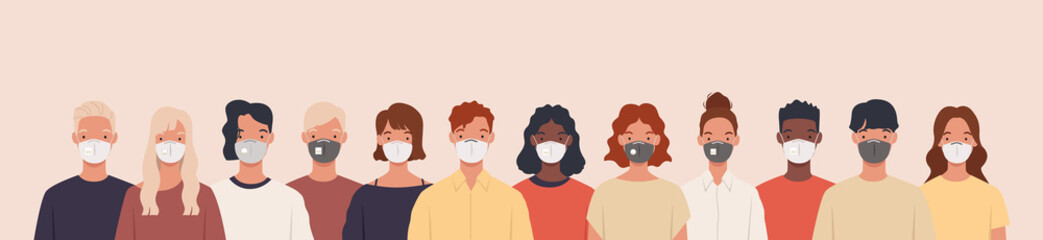 Group of people wearing medical masks to prevent disease, flu, air pollution, contaminated air, world pollution. Vector illustration in a flat style