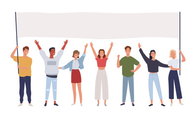 Group of young men and women standing together and holding blank banner. Male and female protesters or activists. Vector illustration in a flat style