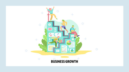 Business growth and team success. People run career ladder, job competition, business leadership. Vector web site design template. Landing page website illustration.