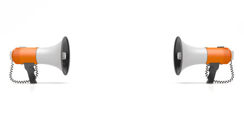 Two megaphones are directed at each other. Loudspeakers isolated on a white background. Conceptual illustration with copy space. 3D render.