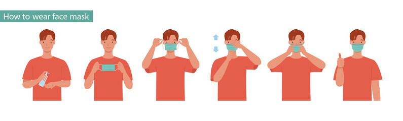 How to wear a mask correct. Man presenting the correct method of wearing a mask,To reduce the spread of germs, viruses and bacteria. Vector illustration in a flat style