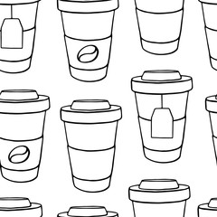 Seamless vector pattern with takeaway coffee, tea, cappuccino, espresso, latte. Outline pattern with drinks for a cafe, coffee shop, coffeehouse, street coffee to go.