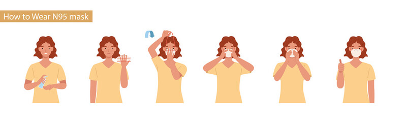 How to wear N95 mask correct. Women presenting the correct method of wearing a mask,To reduce the spread of germs, viruses and bacteria. Vector illustration in a flat style