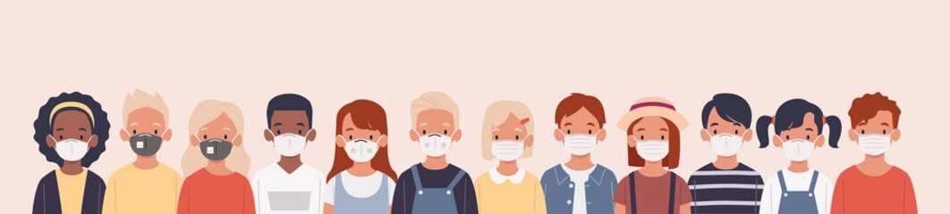 Kids with protection mask flat vector illustrations set. Group of children wearing medical masks to prevent disease, flu, air pollution, contaminated air, world pollution